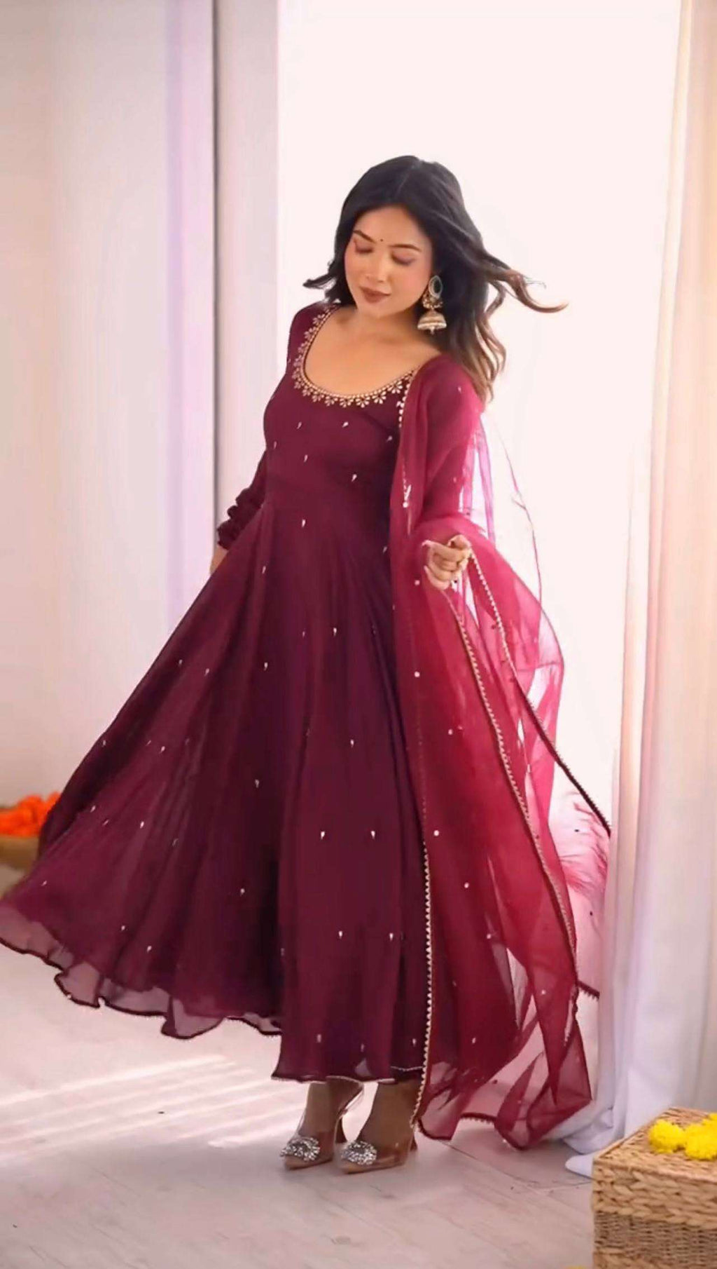 Elegant Mulberry Georgette Gown with Pant & Dupatta – Full Embroidery & Heavy Flair