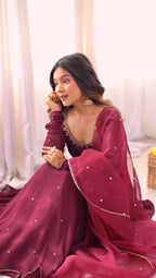 Elegant Mulberry Georgette Gown with Pant & Dupatta – Full Embroidery & Heavy Flair