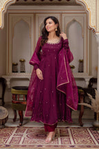 Elegant Mulberry Georgette Gown with Pant & Dupatta – Full Embroidery & Heavy Flair