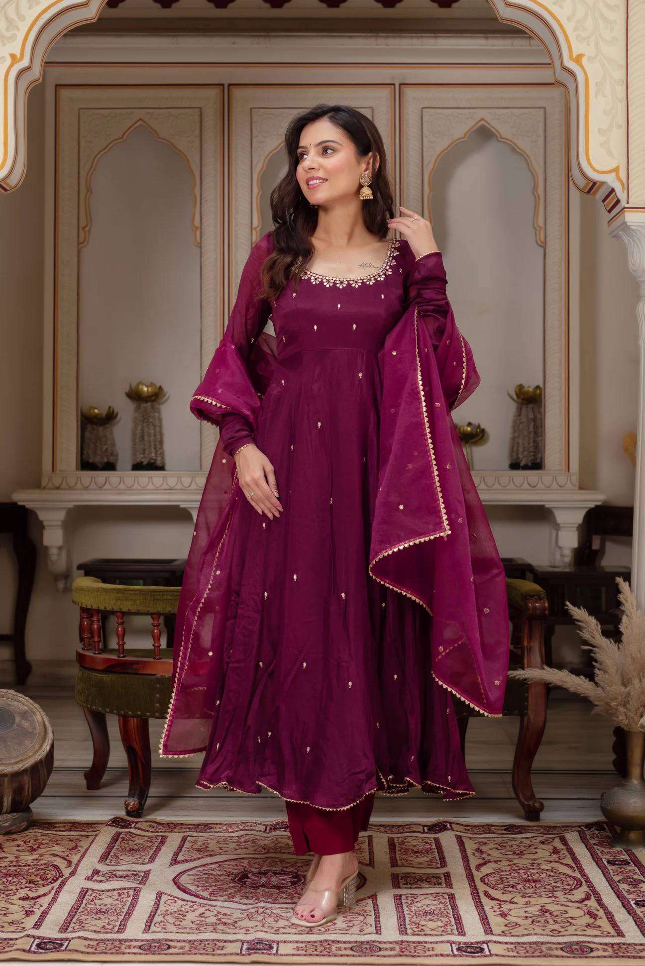 Elegant Mulberry Georgette Gown with Pant & Dupatta – Full Embroidery & Heavy Flair