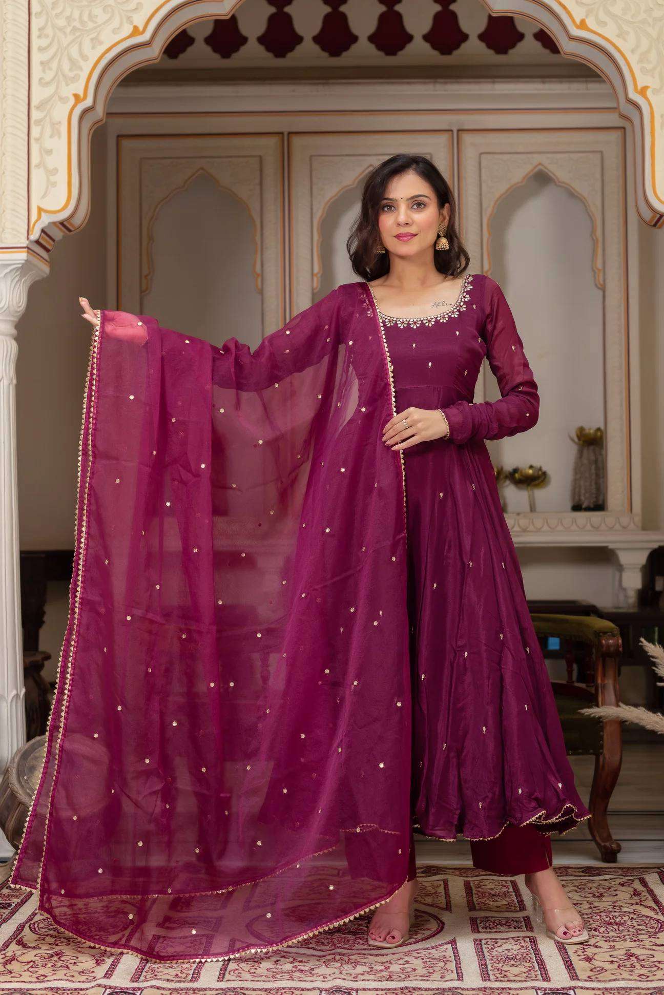 Elegant Mulberry Georgette Gown with Pant & Dupatta – Full Embroidery & Heavy Flair