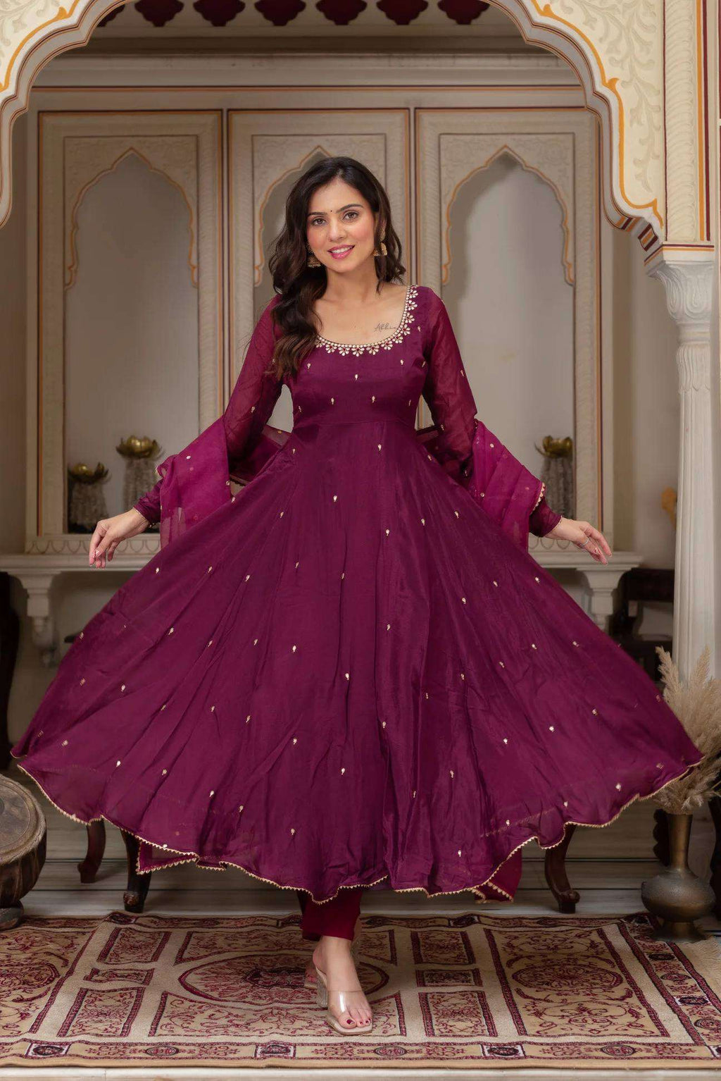Elegant Mulberry Georgette Gown with Pant & Dupatta – Full Embroidery & Heavy Flair