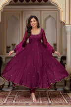 Elegant Mulberry Georgette Gown with Pant & Dupatta – Full Embroidery & Heavy Flair