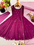 Elegant Mulberry Georgette Gown with Pant & Dupatta – Full Embroidery & Heavy Flair