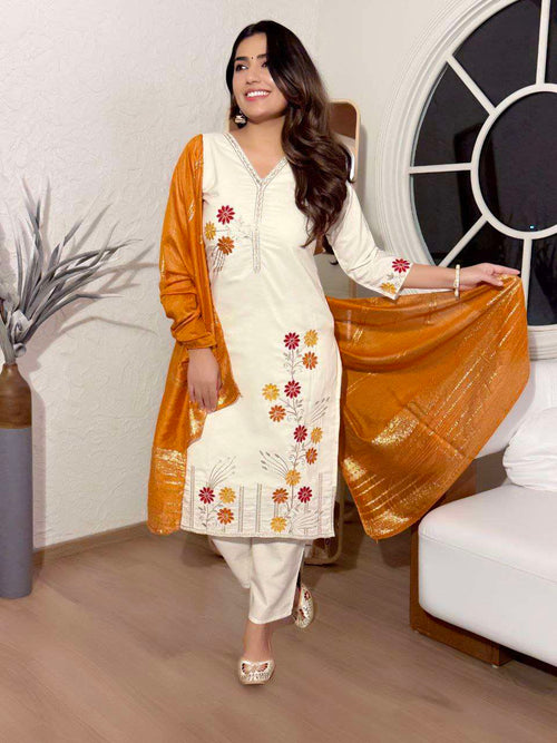 Cotton Silk Kurti Pant Set with Printed Dupatta