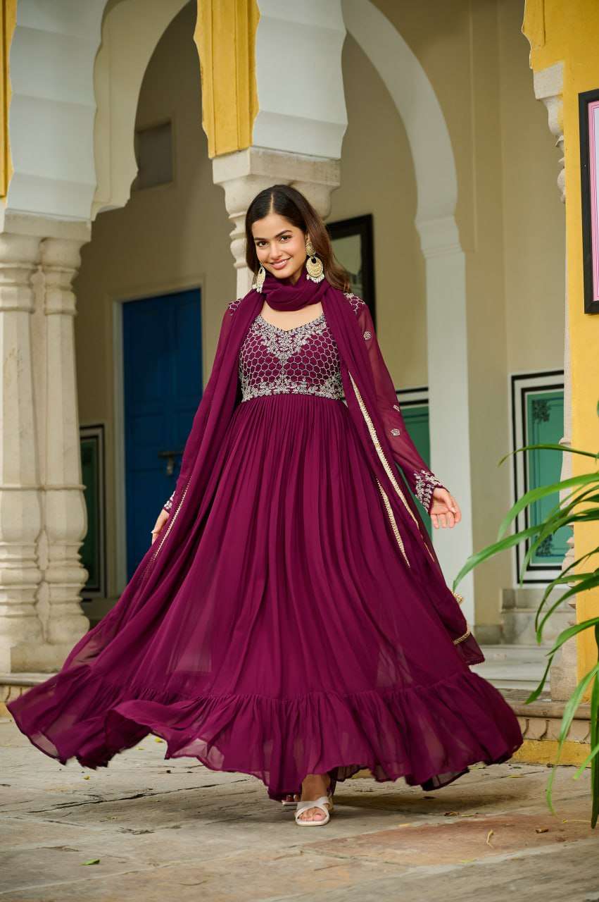 Wine Premium Designer Gown with Dupatta â€“ Festive & Wedding Ready