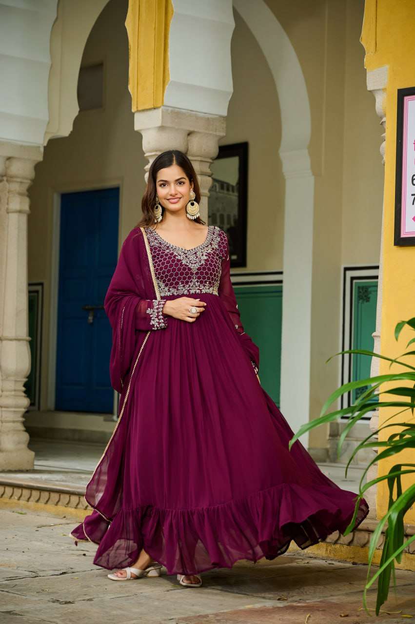Wine Premium Designer Gown with Dupatta â€“ Festive & Wedding Ready
