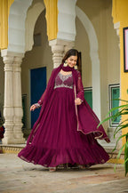 Wine Premium Designer Gown with Dupatta â€“ Festive & Wedding Ready