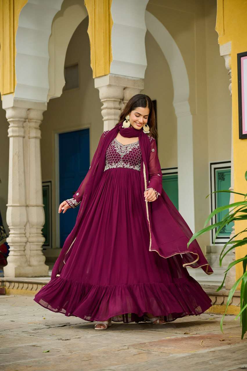 Wine Premium Designer Gown with Dupatta â€“ Festive & Wedding Ready