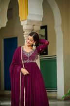 Wine Premium Designer Gown with Dupatta â€“ Festive & Wedding Ready