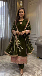Designer Velvet Embroidered Suit - Green Party Wear Top, Pant & Dupatta