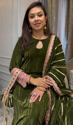 Designer Velvet Embroidered Suit - Green Party Wear Top, Pant & Dupatta