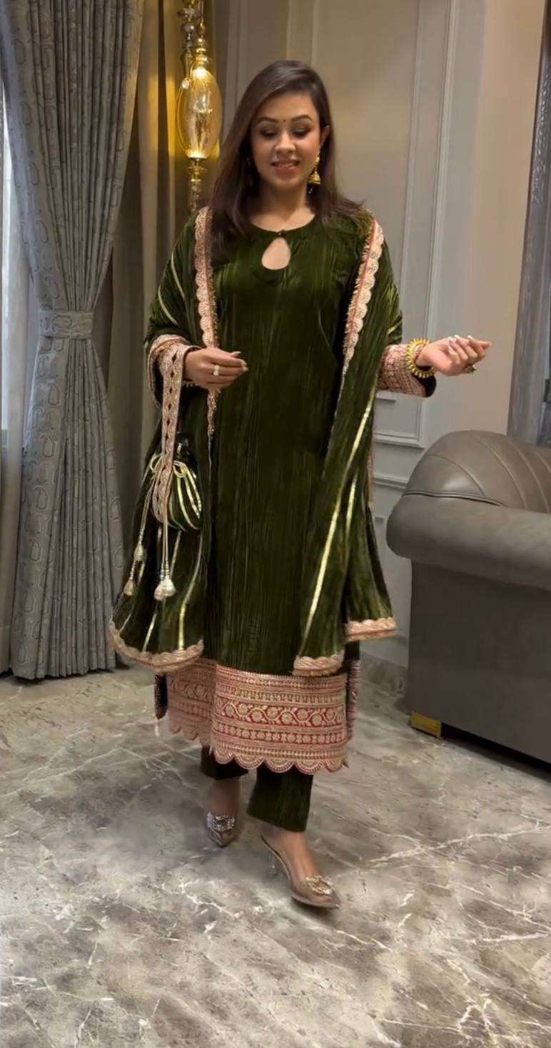 Designer Velvet Embroidered Suit - Green Party Wear Top, Pant & Dupatta