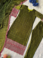 Designer Velvet Embroidered Suit - Green Party Wear Top, Pant & Dupatta