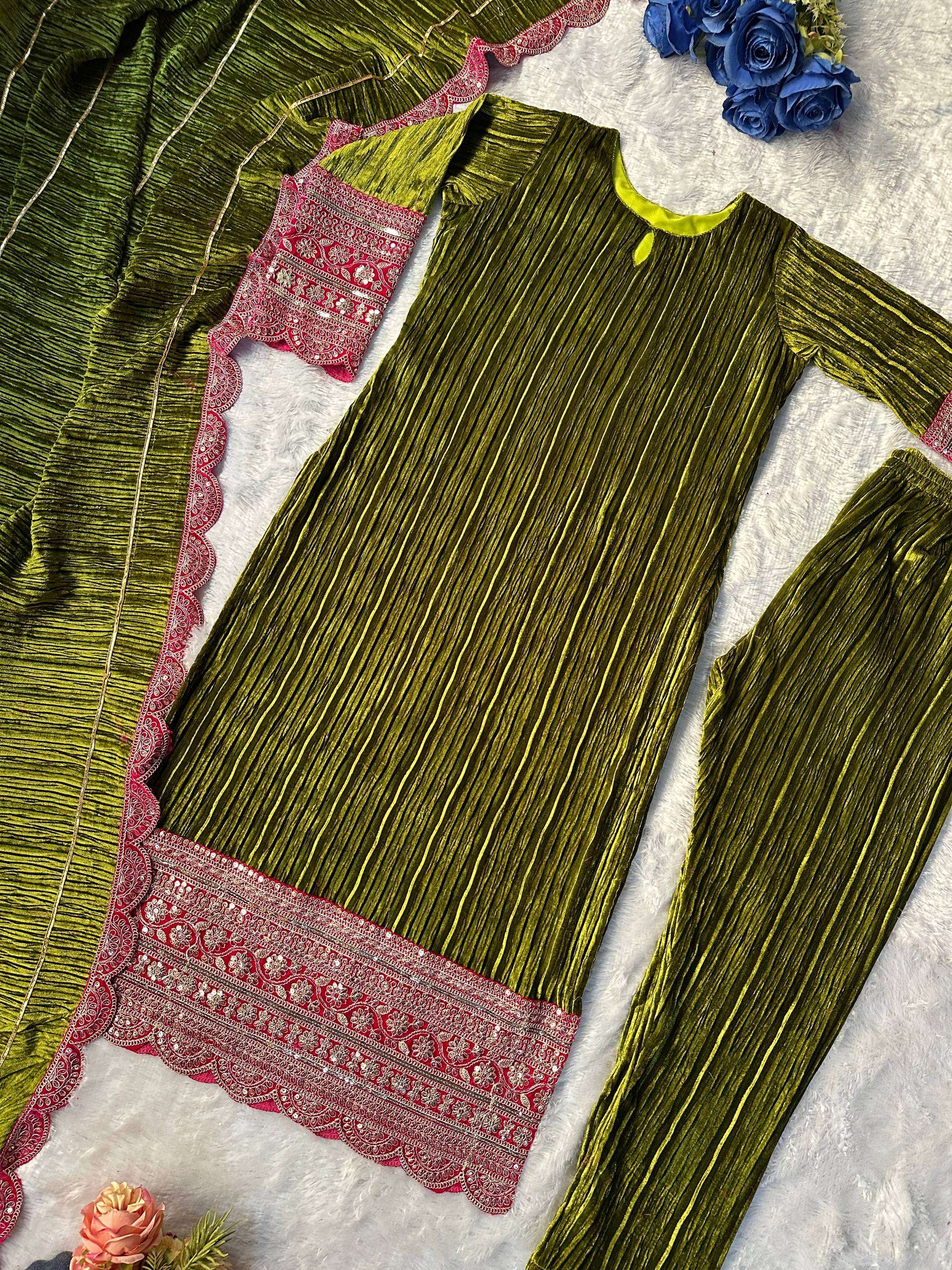 Designer Velvet Embroidered Suit - Green Party Wear Top, Pant & Dupatta