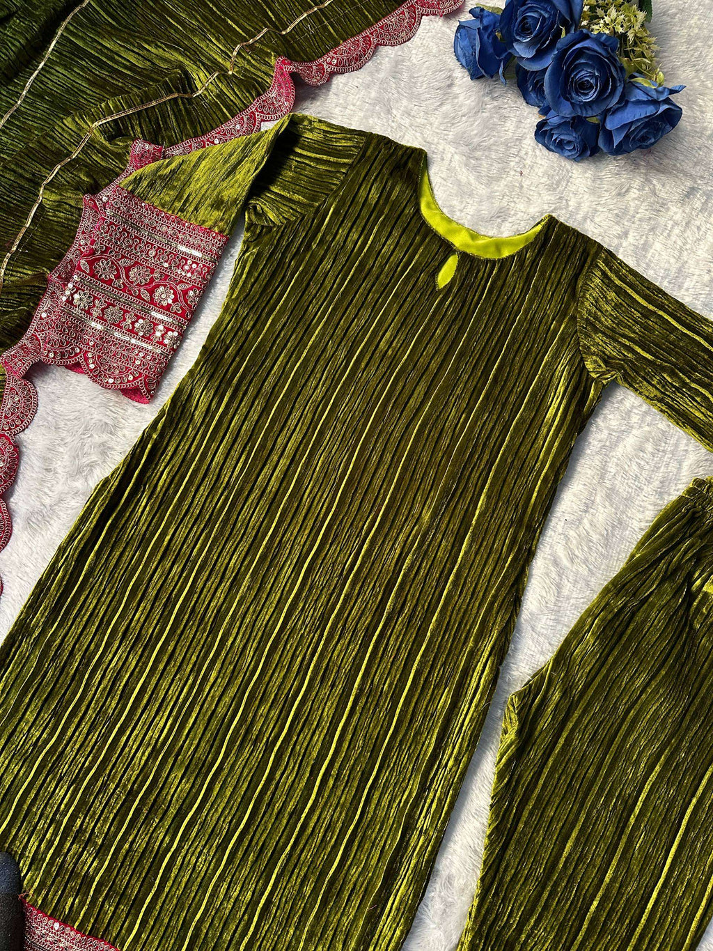 Designer Velvet Embroidered Suit - Green Party Wear Top, Pant & Dupatta