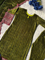 Designer Velvet Embroidered Suit - Green Party Wear Top, Pant & Dupatta