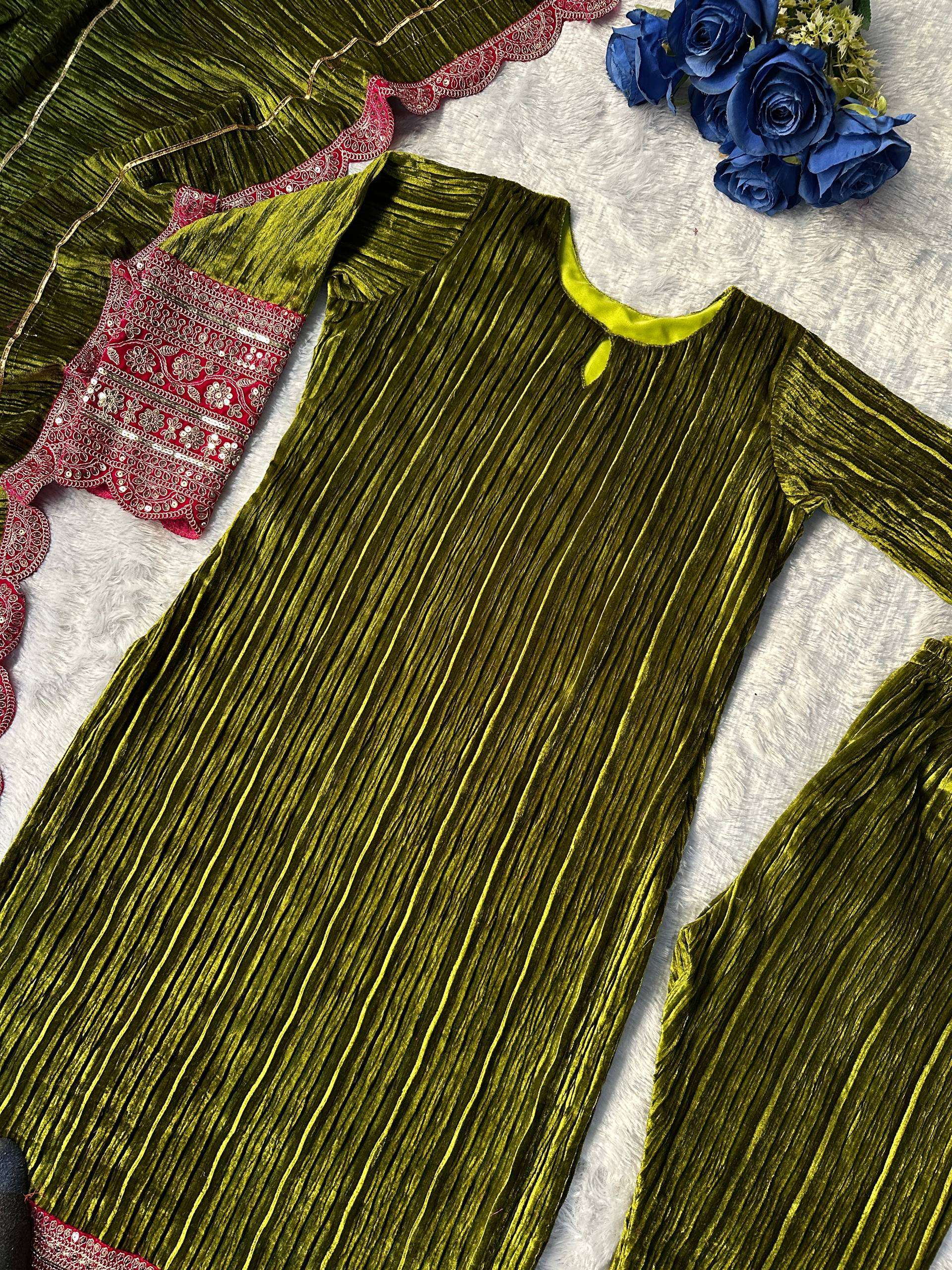 Designer Velvet Embroidered Suit - Green Party Wear Top, Pant & Dupatta