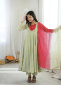 Pastel Green Roman Silk Anarkali Gown Set with Pink Dupatta