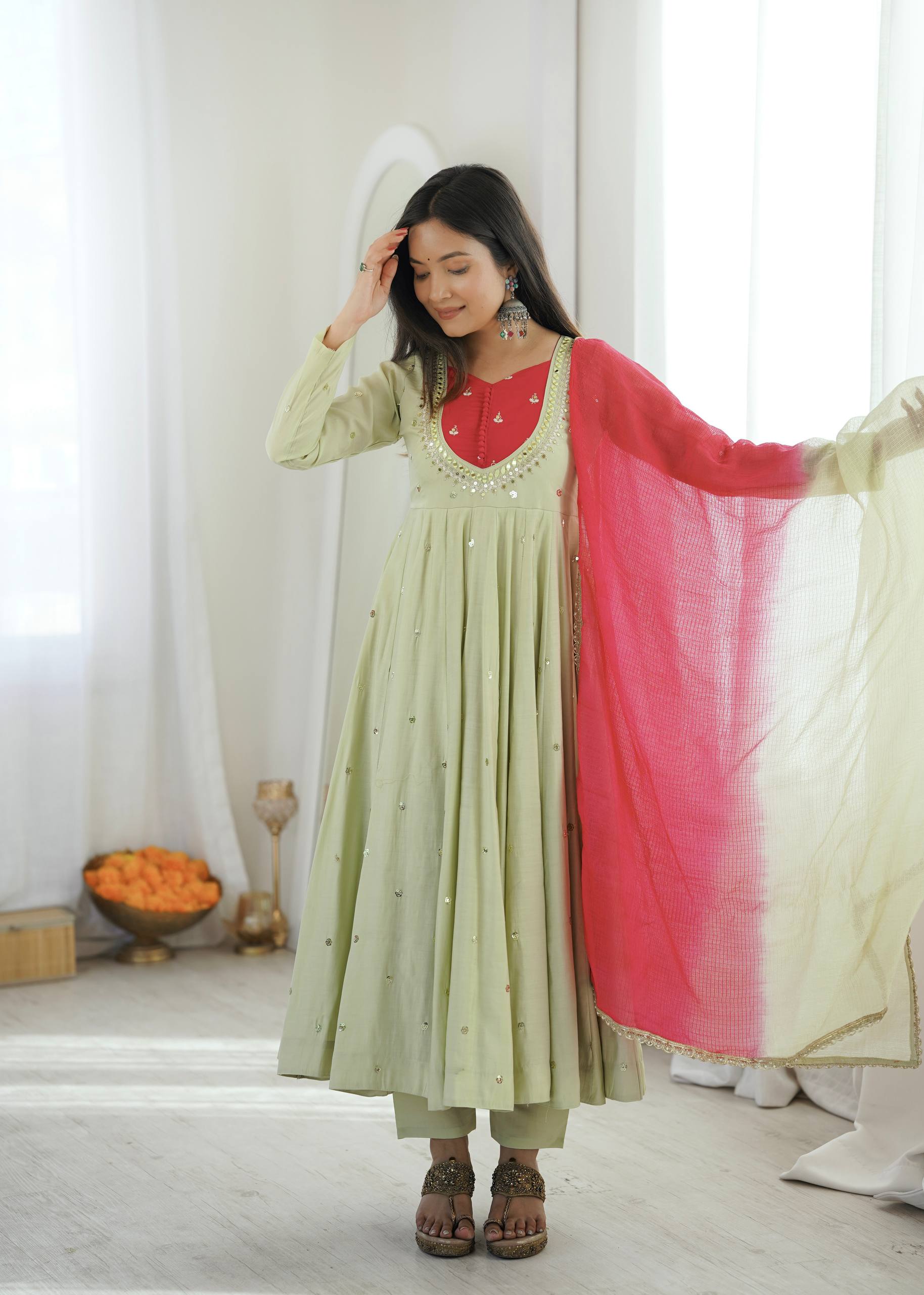 Pastel Green Roman Silk Anarkali Gown Set with Pink Dupatta