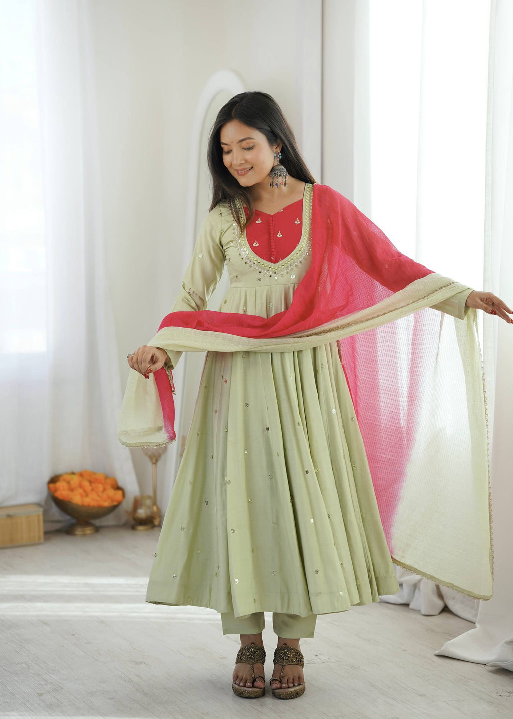 Pastel Green Roman Silk Anarkali Gown Set with Pink Dupatta