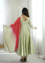 Pastel Green Roman Silk Anarkali Gown Set with Pink Dupatta