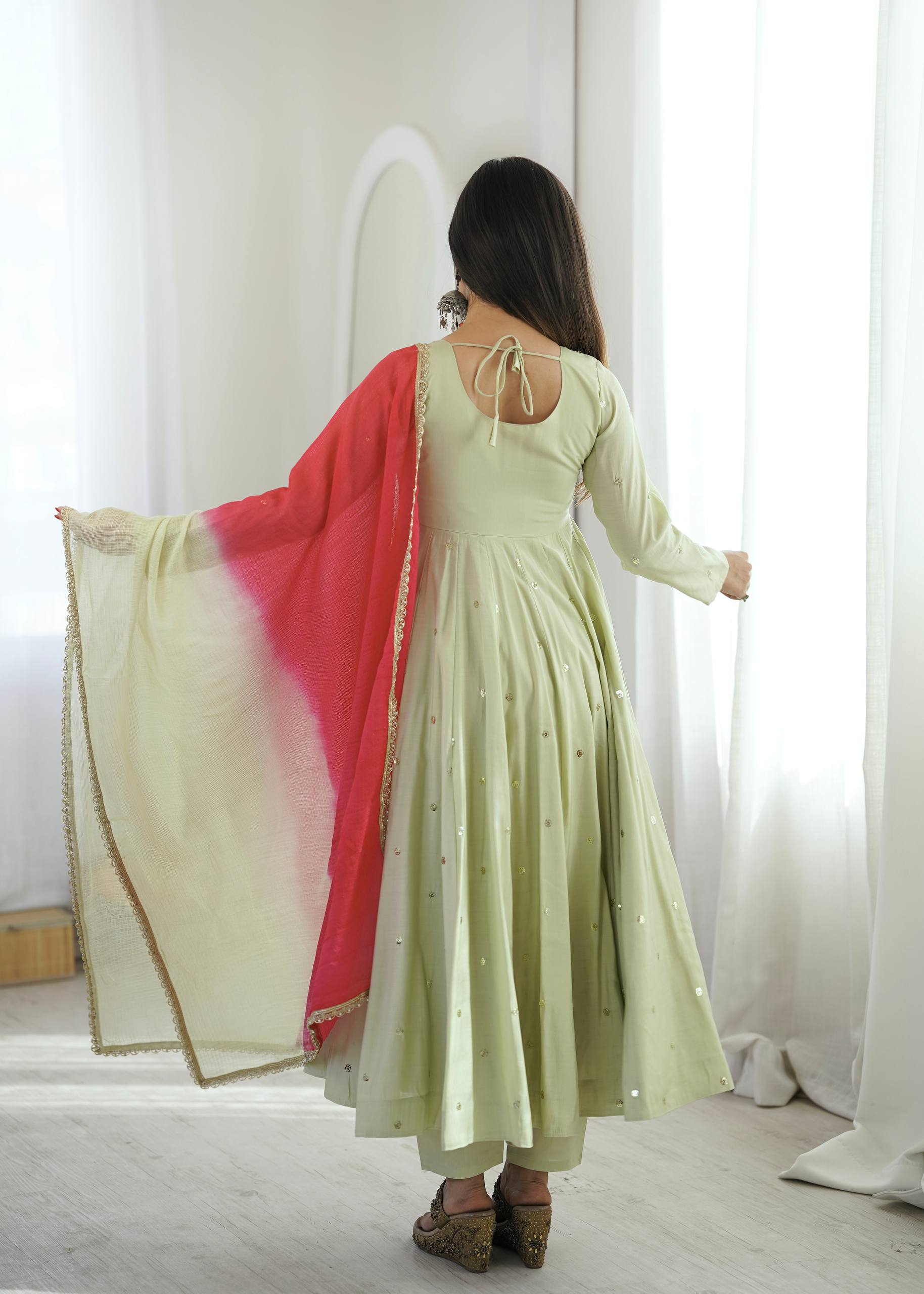 Pastel Green Roman Silk Anarkali Gown Set with Pink Dupatta