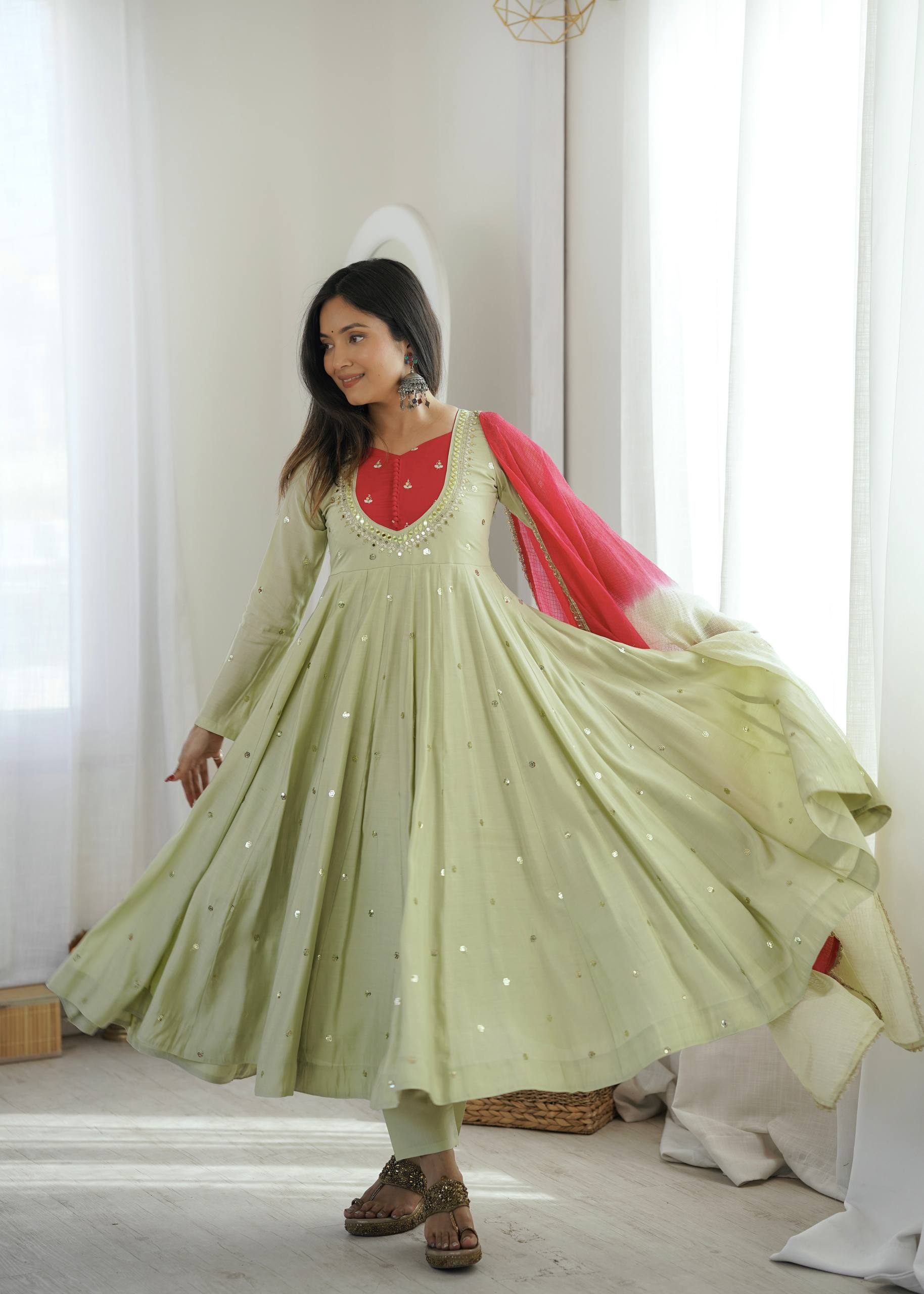 Pastel Green Roman Silk Anarkali Gown Set with Pink Dupatta