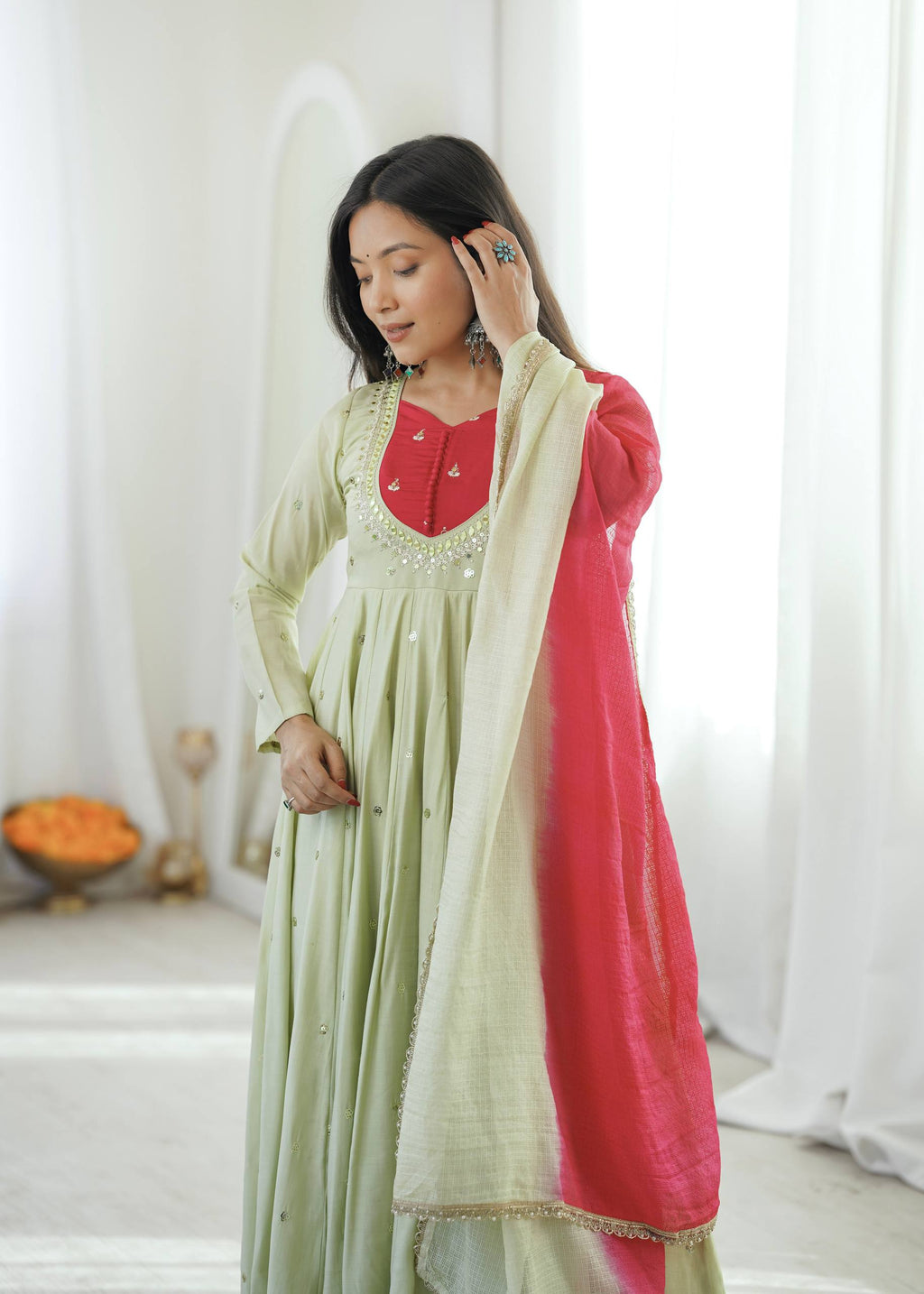 Pastel Green Roman Silk Anarkali Gown Set with Pink Dupatta