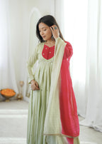 Pastel Green Roman Silk Anarkali Gown Set with Pink Dupatta
