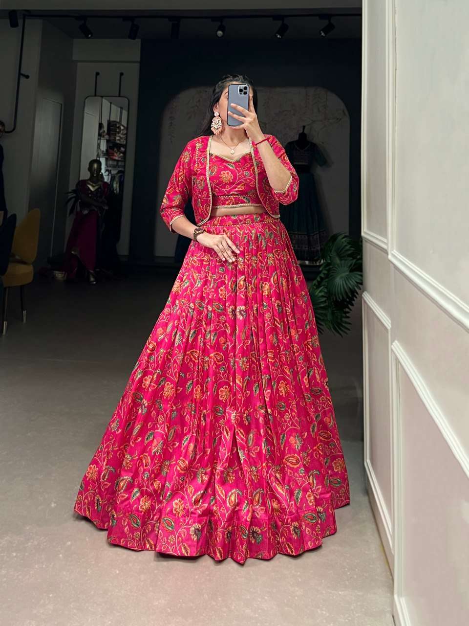 Pink Tasar Silk Floral Print Wedding Lehenga with Koti - Elegant Gota Patti Touch