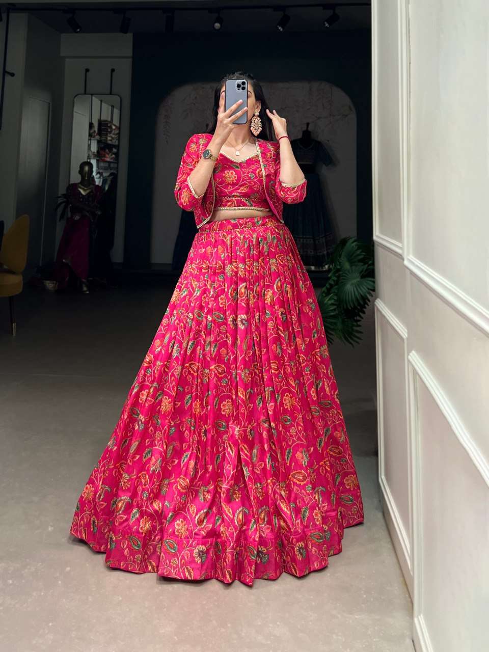 Pink Tasar Silk Floral Print Wedding Lehenga with Koti - Elegant Gota Patti Touch
