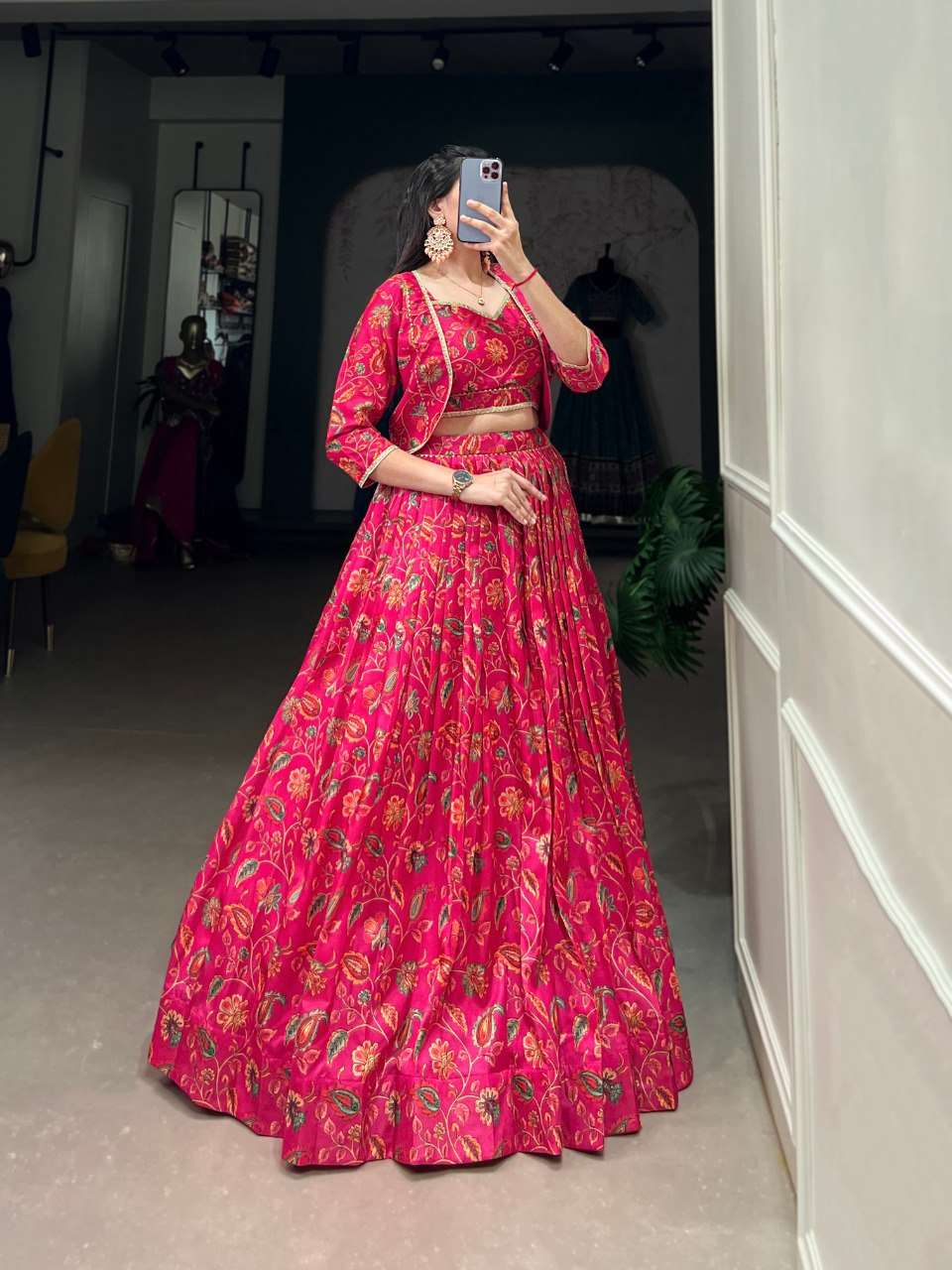 Pink Tasar Silk Floral Print Wedding Lehenga with Koti - Elegant Gota Patti Touch