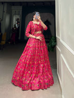 Pink Tasar Silk Floral Print Wedding Lehenga with Koti - Elegant Gota Patti Touch