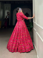 Pink Tasar Silk Floral Print Wedding Lehenga with Koti - Elegant Gota Patti Touch