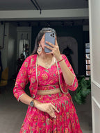 Pink Tasar Silk Floral Print Wedding Lehenga with Koti - Elegant Gota Patti Touch