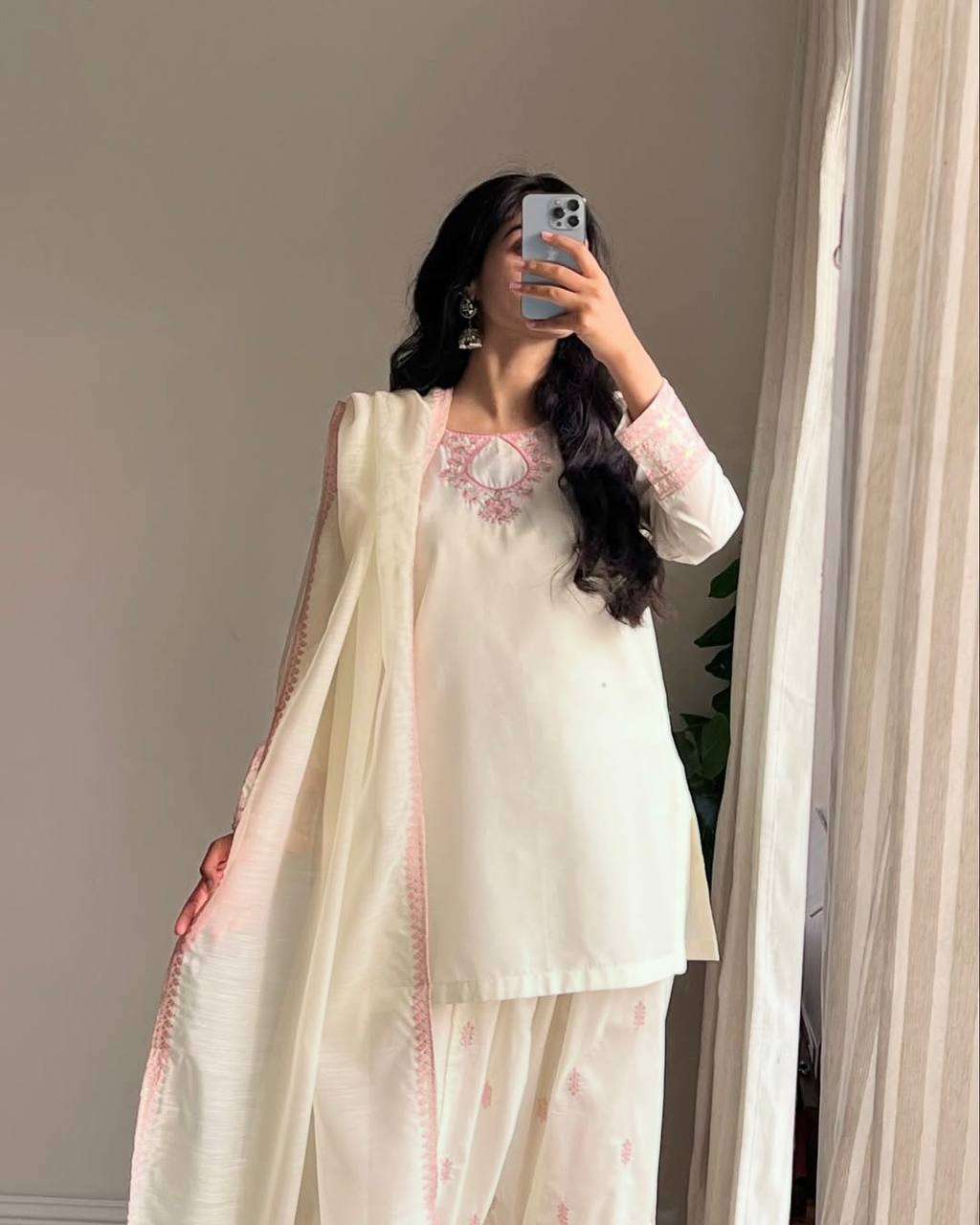 Designer Partywear Top with Farsi Salwar and Dupatta