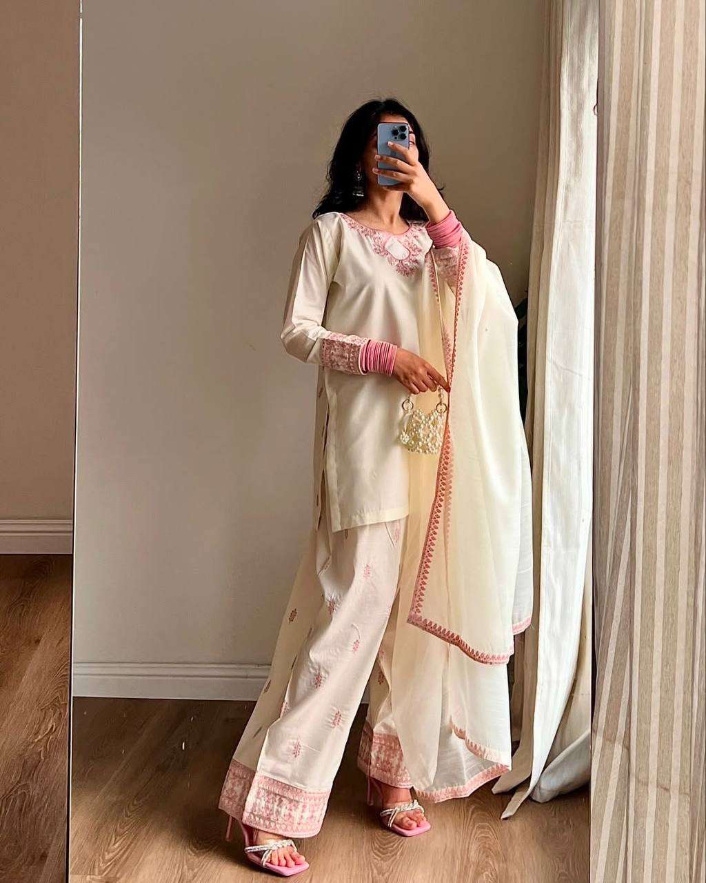 Designer Partywear Top with Farsi Salwar and Dupatta