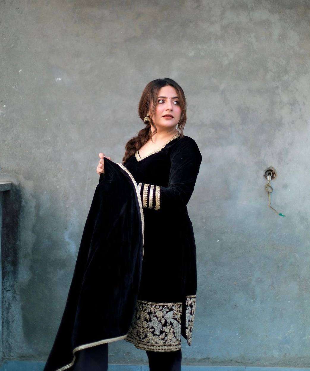 Black Velvet Party Wear Set - Heavy Embroidered Top, Pant & Dupatta