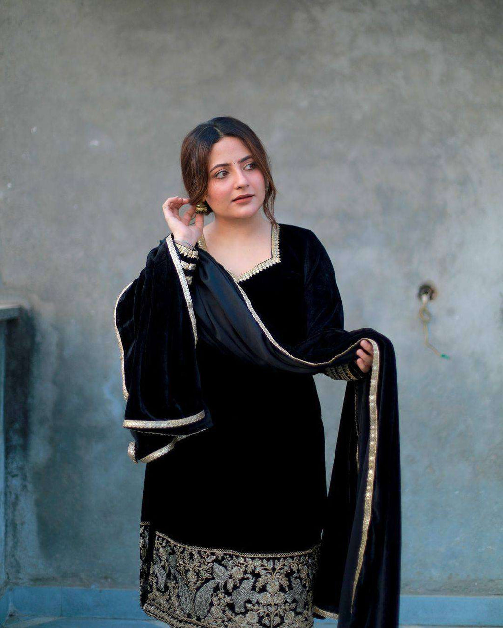 Black Velvet Party Wear Set - Heavy Embroidered Top, Pant & Dupatta