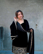 Black Velvet Party Wear Set - Heavy Embroidered Top, Pant & Dupatta
