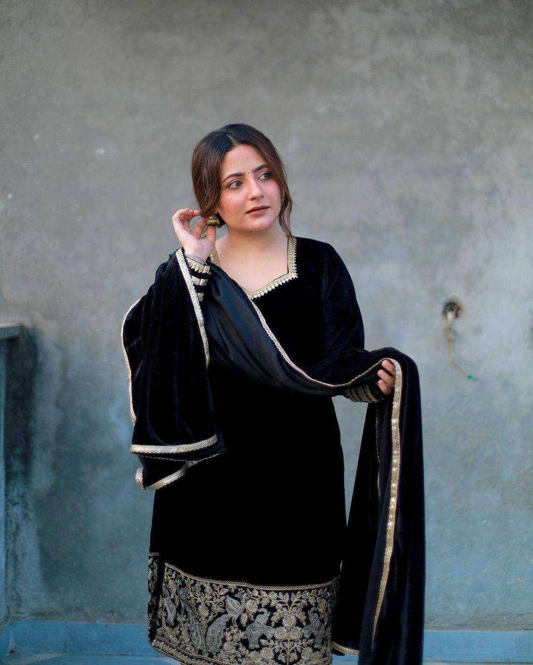 Black Velvet Party Wear Set - Heavy Embroidered Top, Pant & Dupatta