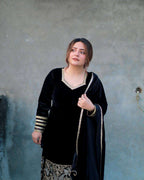 Black Velvet Party Wear Set - Heavy Embroidered Top, Pant & Dupatta