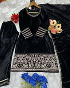 Black Velvet Party Wear Set - Heavy Embroidered Top, Pant & Dupatta