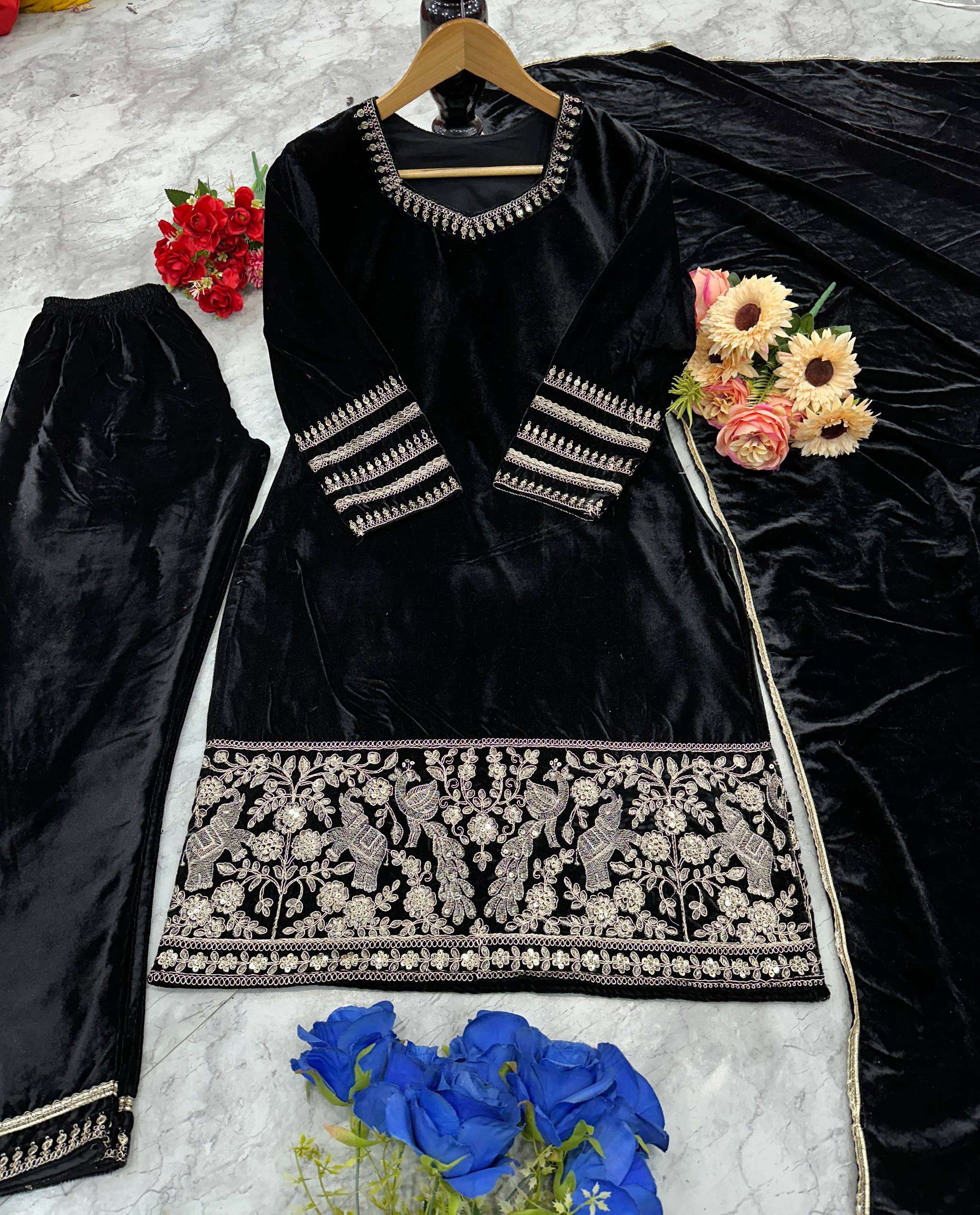 Black Velvet Party Wear Set - Heavy Embroidered Top, Pant & Dupatta