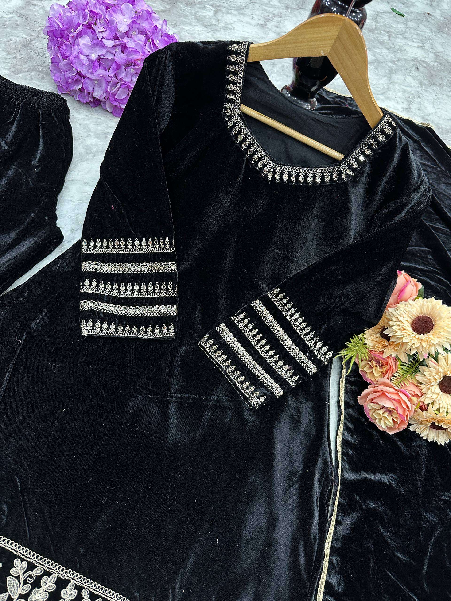 Black Velvet Party Wear Set - Heavy Embroidered Top, Pant & Dupatta