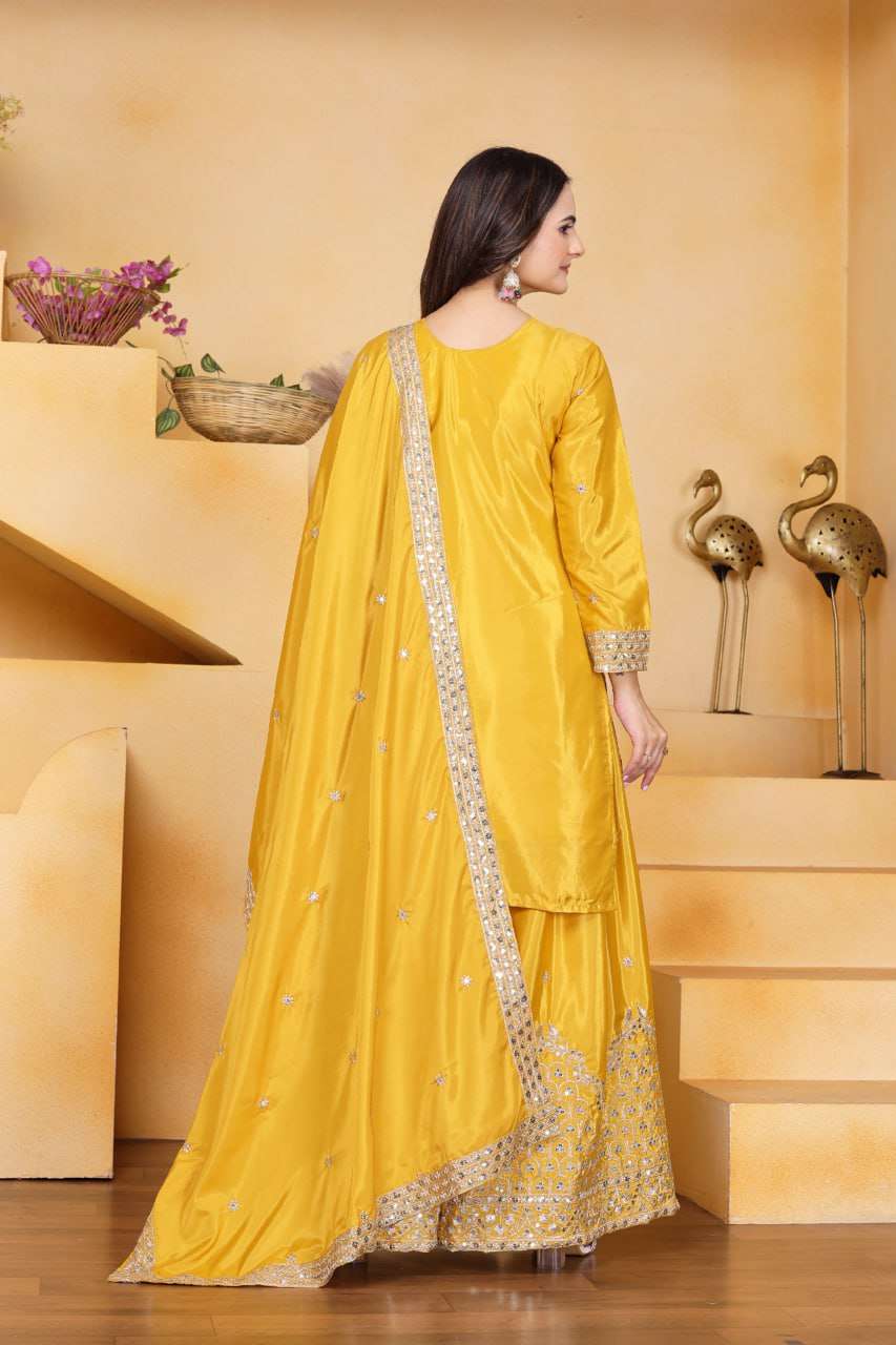 Sunshine Yellow Chinon Sharara Suit - Designer Sequin Embroidered Festive Wear