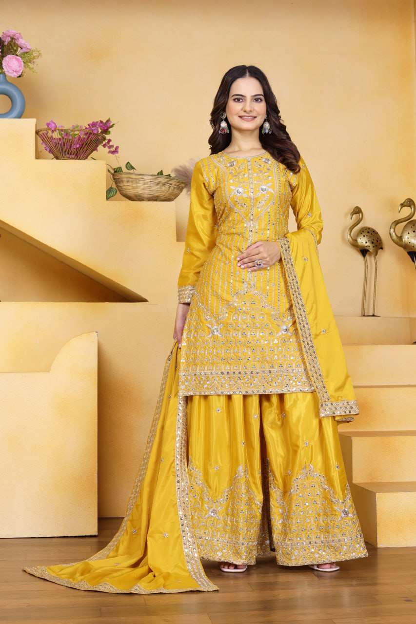 Sunshine Yellow Chinon Sharara Suit - Designer Sequin Embroidered Festive Wear