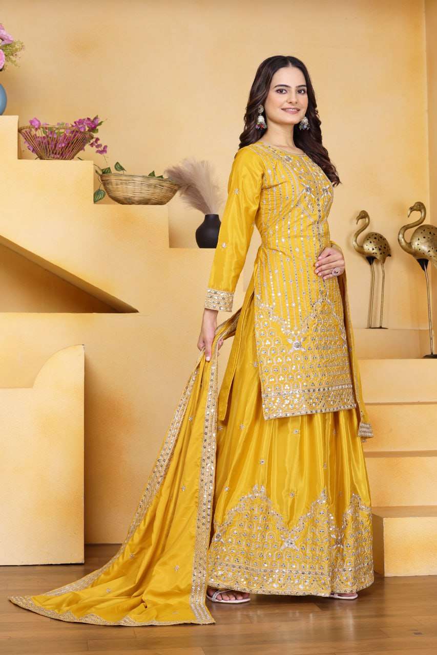 Sunshine Yellow Chinon Sharara Suit - Designer Sequin Embroidered Festive Wear