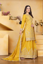 Sunshine Yellow Chinon Sharara Suit - Designer Sequin Embroidered Festive Wear